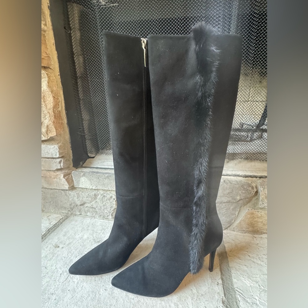 NWT Donald J Pliner Black Suede Knee-High Boots with Mink Trim